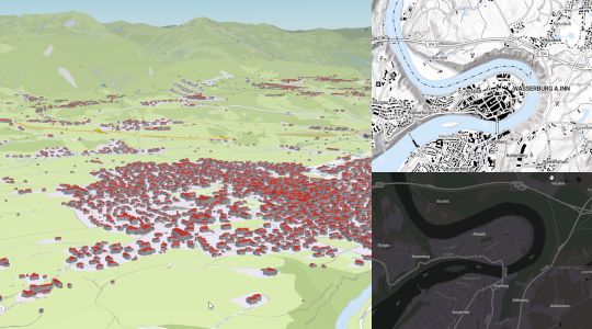 Collage von Screenshots aus dem basemap.de-Viewer, LoD2-Gebäude mit Gelände, Binärstil, Nachstil